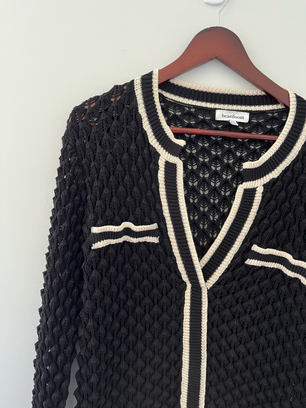 Heartloom Sybil Cotton Open Weave Knit Pullover Sweater Black Contrast Trim M - Picture 6 of 6